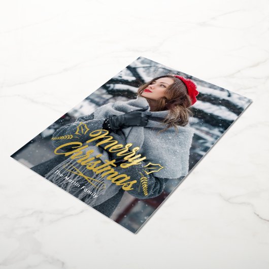 メリークリスマスとボタニカルフォトホリデー 箔招待状 (回転した状態)