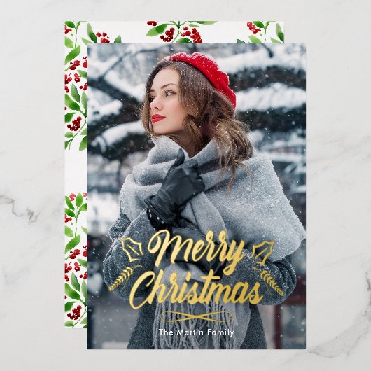 メリークリスマスとボタニカルフォトホリデー 箔招待状 (正面/裏面)