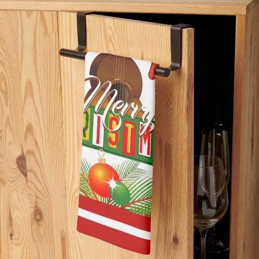 メリークリスマスとミュージカル楽器 キッチンタオル (三つ折り)