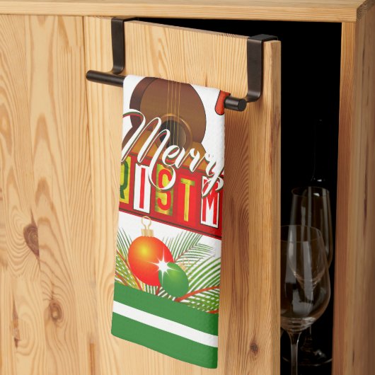 メリークリスマスとミュージカル楽器 キッチンタオル (三つ折り)
