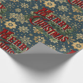 メリークリスマスとヴィンテージ金ゴールド雪 ラッピングペーパー (角)