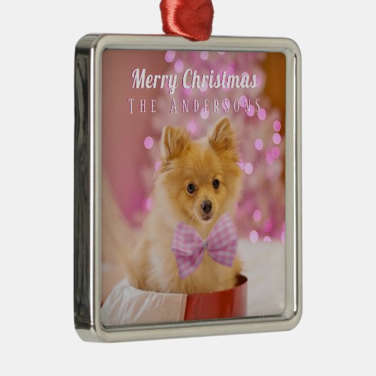 メリークリスマスと名前、かわいい犬/木をパーソナライズ メタルオーナメント (右)