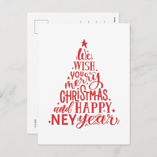 メリークリスマスと新年おめでとう。赤レタリング シーズンポストカード (正面/裏面)