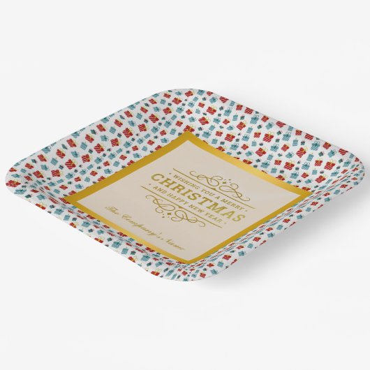 メリークリスマスと新年のギフトの背景パターン ペーパープレート (傾斜あり)