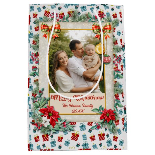 メリークリスマスと新年のギフトの背景パターン ミディアムペーパーバッグ (正面)