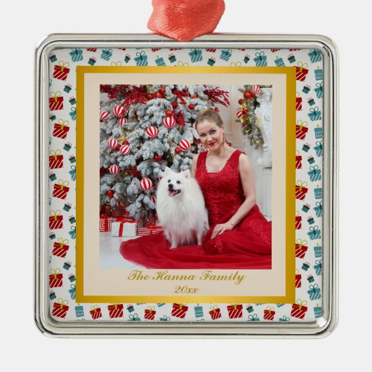 メリークリスマスと新年のギフトの背景パターン メタルオーナメント (正面)