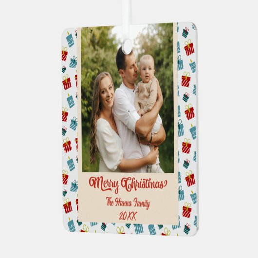 メリークリスマスと新年のギフトの背景パターン メタルオーナメント (正面左)