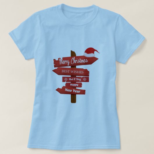 メリークリスマスと新年の木製矢印 Tシャツ (デザイン正面)