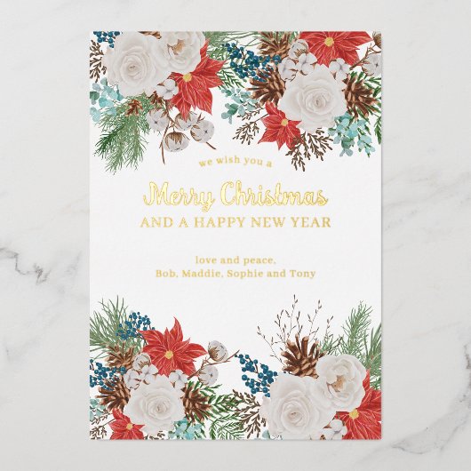 メリークリスマスと新年ポインセチア松金ゴールド 箔シーズンカード (正面)