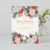 メリークリスマスと新年ポインセチア松金ゴールド 箔シーズンカード (立ち正面)