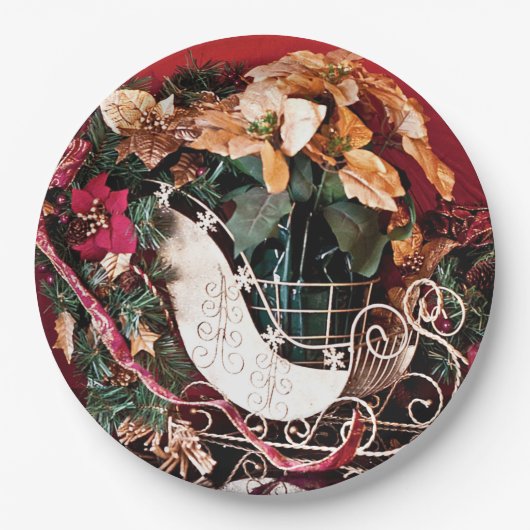 メリークリスマスと金ゴールドそり ペーパープレート (正面)