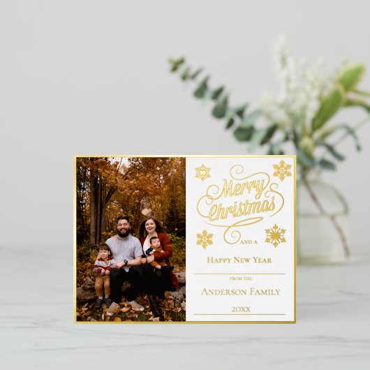 メリークリスマスと雪の結晶の写真 | 白 箔シーズンポストカード (立ち正面)