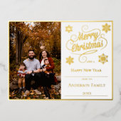 メリークリスマスと雪片の写真 |白 箔シーズンポストカード (正面)