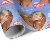 メリークリスマスと1枚のハート写真と名前ブルー ラッピングペーパー (ロールコーナー)