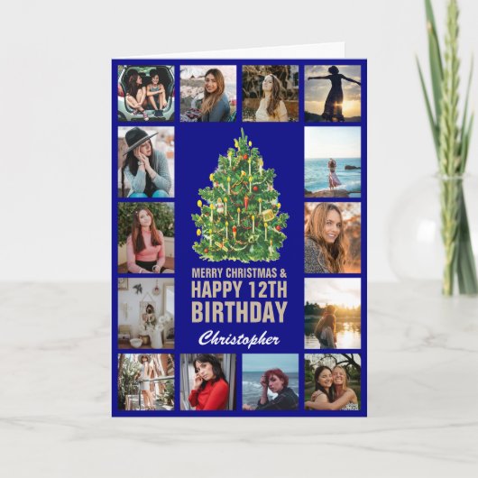 メリークリスマスと12ハッピーバースデーネイビーブルー カード (正面)