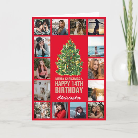 メリークリスマスと14ハッピーバースデーレッド&金ゴールド カード (正面)