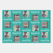 メリークリスマスと2つの正方形の写真 – 青い緑 ラッピングペーパーシート (正面3)