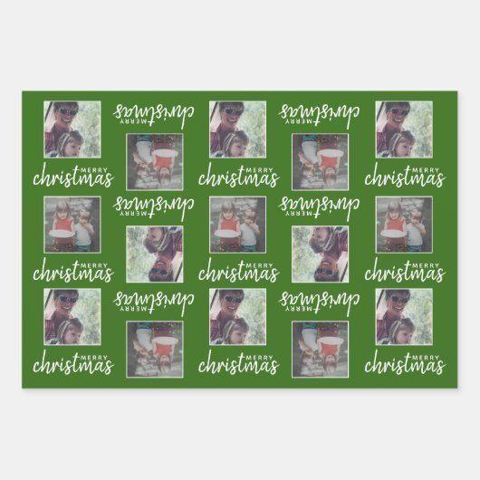 メリークリスマスと2つの正方形の写真 – 青い緑 ラッピングペーパーシート (正面)