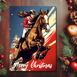 メリークリスマスにジャンプする女の子と馬 シーズンカード