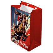 メリークリスマスにジャンプする女の子と馬 ミディアムペーパーバッグ (正面アングル)