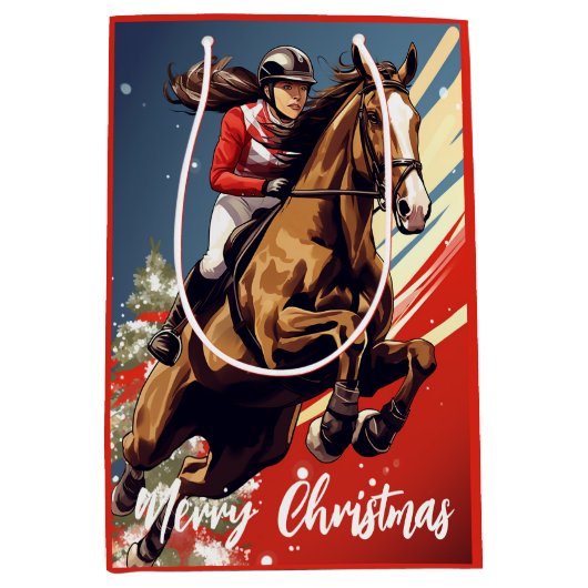 メリークリスマスにジャンプする女の子と馬 ミディアムペーパーバッグ (正面)