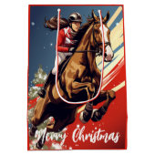 メリークリスマスにジャンプする女の子と馬 ミディアムペーパーバッグ (裏面)