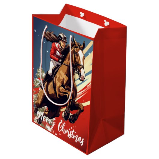 メリークリスマスにジャンプする女の子と馬 ミディアムペーパーバッグ (裏面アングル)