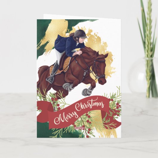 メリークリスマスにジャンプする女カラフルの子と馬 シーズンカード (裏面)