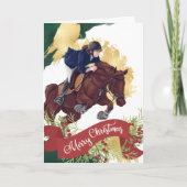 メリークリスマスにジャンプする女カラフルの子と馬 シーズンカード (正面)