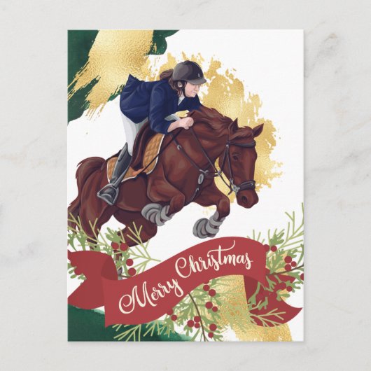 メリークリスマスにジャンプする女カラフルの子と馬 ポストカード (正面)