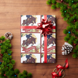 メリークリスマスにジャンプする女カラフルの子と馬 ラッピングペーパー