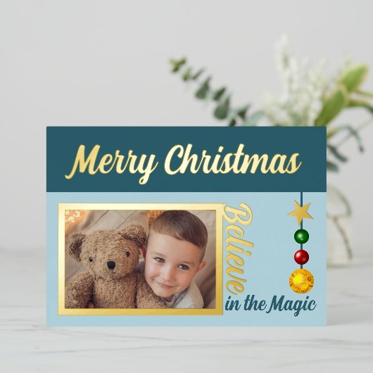 メリークリスマスにフォトボーブルを追加し実在た青 箔シーズンカード (立ち正面)