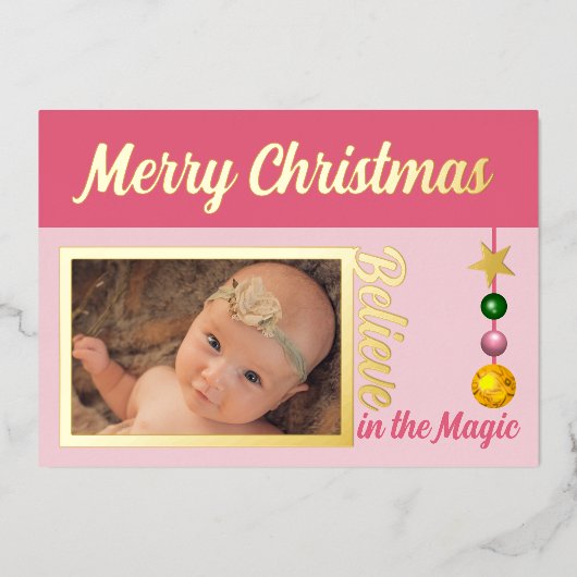 メリークリスマスにフォトボーブルを追加ピンク実在色 箔シーズンカード (正面)