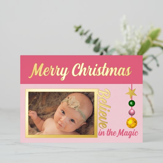 メリークリスマスにフォトボーブルを追加ピンク実在色 箔シーズンカード (立ち正面)