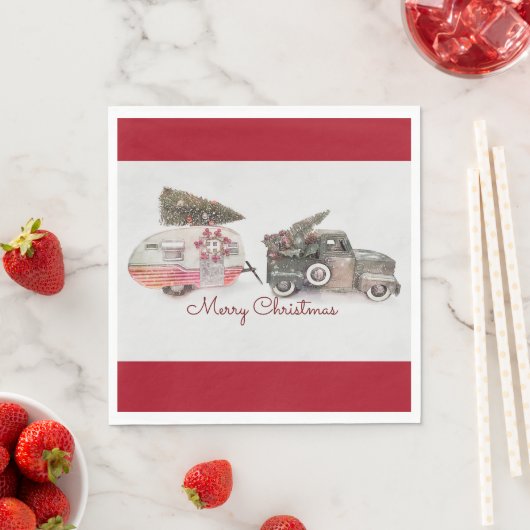 メリークリスマスのおもちゃトラックと旅行トレーラーの写真 スタンダードランチョンナプキン (インサイチュ)