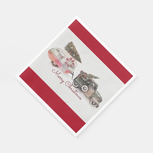 メリークリスマスのおもちゃトラックと旅行トレーラーの写真 スタンダードランチョンナプキン (角)