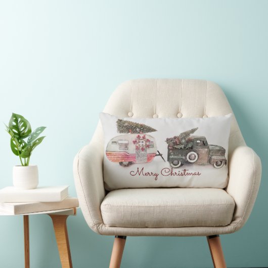 メリークリスマスのおもちゃトラックと旅行トレーラーの写真 ランバークッション (椅子)
