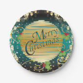 メリークリスマスのお祝いの青緑および金ゴールド ペーパープレート (正面)