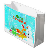 メリークリスマスのかわいいの恐竜の雪だるま ラージペーパーバッグ (正面アングル)