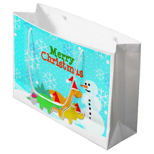 メリークリスマスのかわいいの恐竜の雪だるま ラージペーパーバッグ (正面アングル)