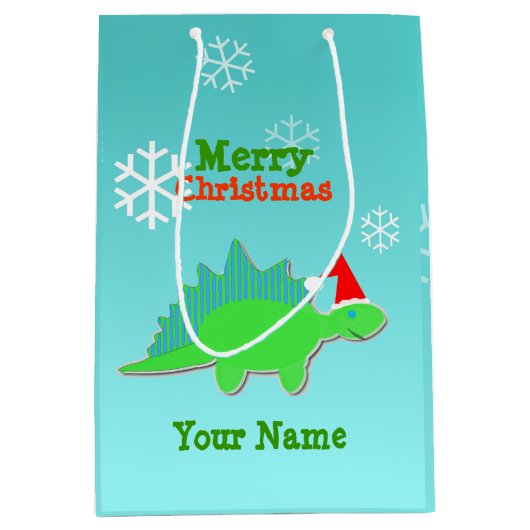 メリークリスマスのかわいいの恐竜 ミディアムペーパーバッグ (正面)