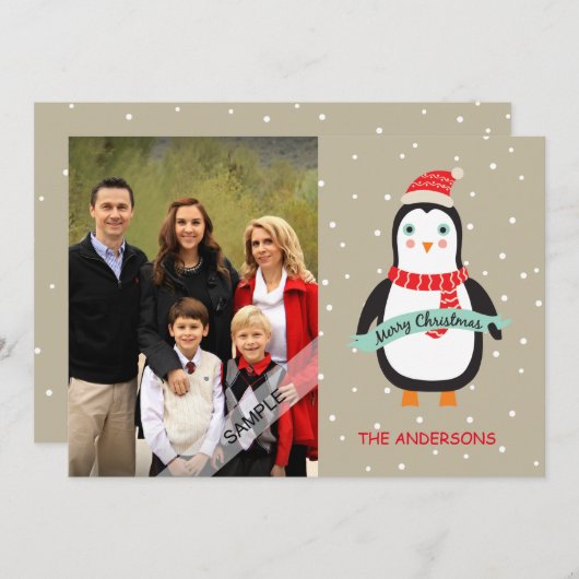 メリークリスマスのかわいいペンギンの名前入りな写真 シーズンカード (正面/裏面)
