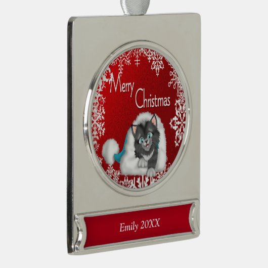 メリークリスマスのかわいい子猫の旗のオーナメント- Silve シルバープレートバナーオーナメント (右)