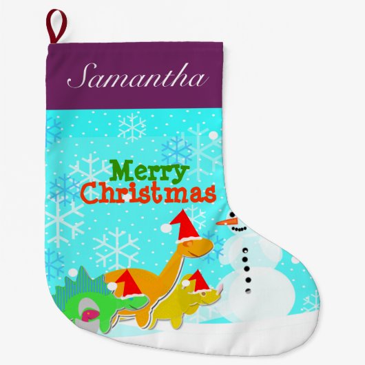 メリークリスマスのかわいい恐竜の休日 ラージクリスマスストッキング (正面)