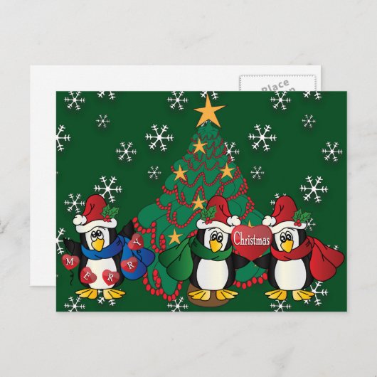 メリークリスマスのかわいい漫画のペンギン シーズンポストカード (正面/裏面)