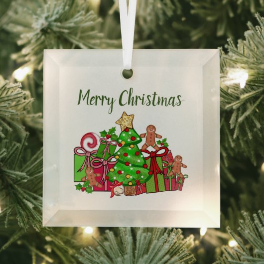 メリークリスマスのまわりにのプレゼント ガラスオーナメント (インサイチュ)