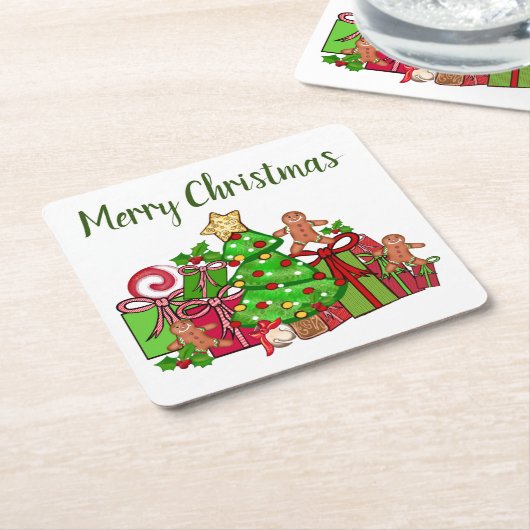メリークリスマスのまわりにのプレゼント スクエアペーパーコースター (アングル)