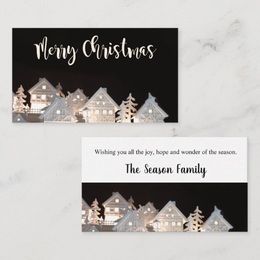 メリークリスマスのイルミネーションが施されたクリスマスハウス エンクロージャーカード (正面/裏面)