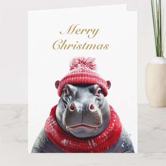 メリークリスマスのカバのニット帽とマフラー カード (正面)
