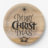 メリークリスマスのキリスト教書道素朴の木材 ペーパープレート (正面)